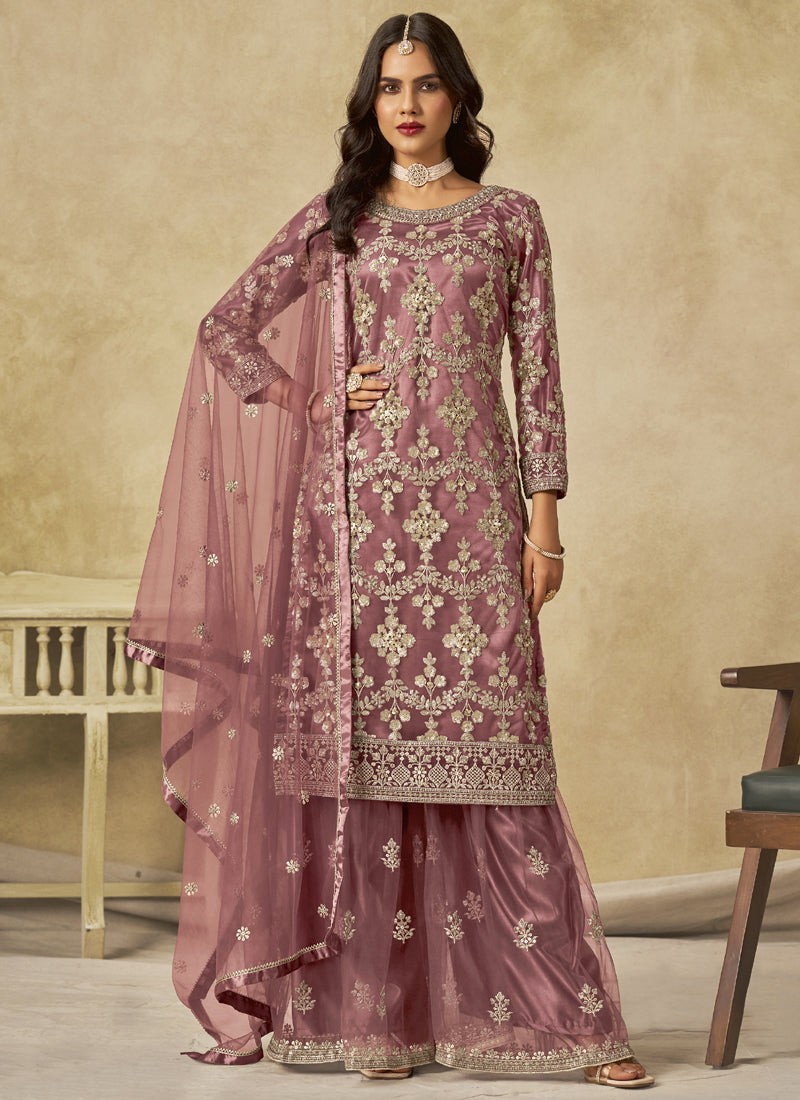 Onion Pink Net Embroidered Designer Palazzo Suit