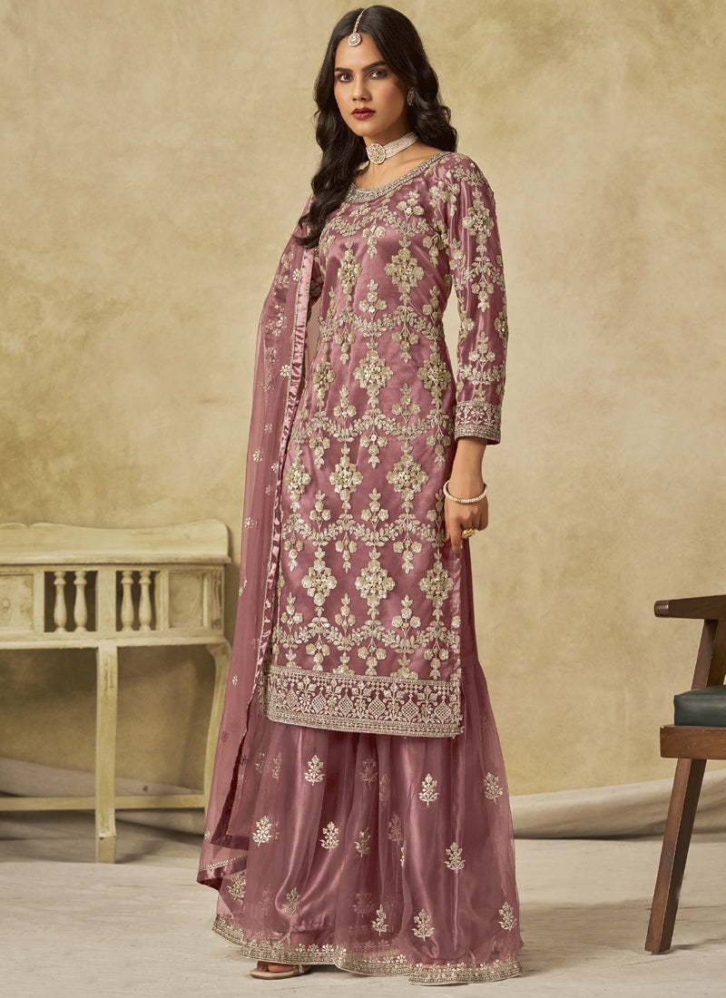 Onion Pink Net Embroidered Designer Palazzo Suit
