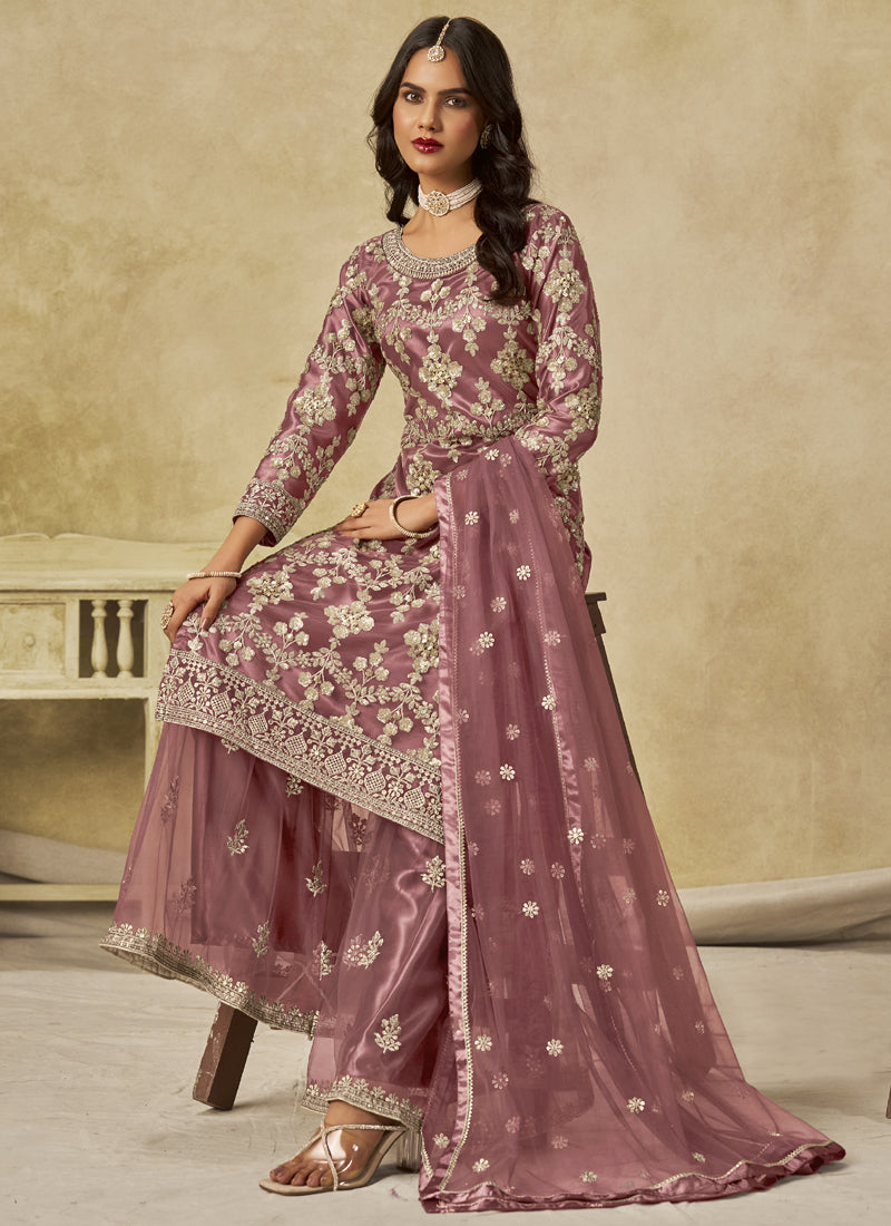 Onion Pink Net Embroidered Designer Palazzo Suit