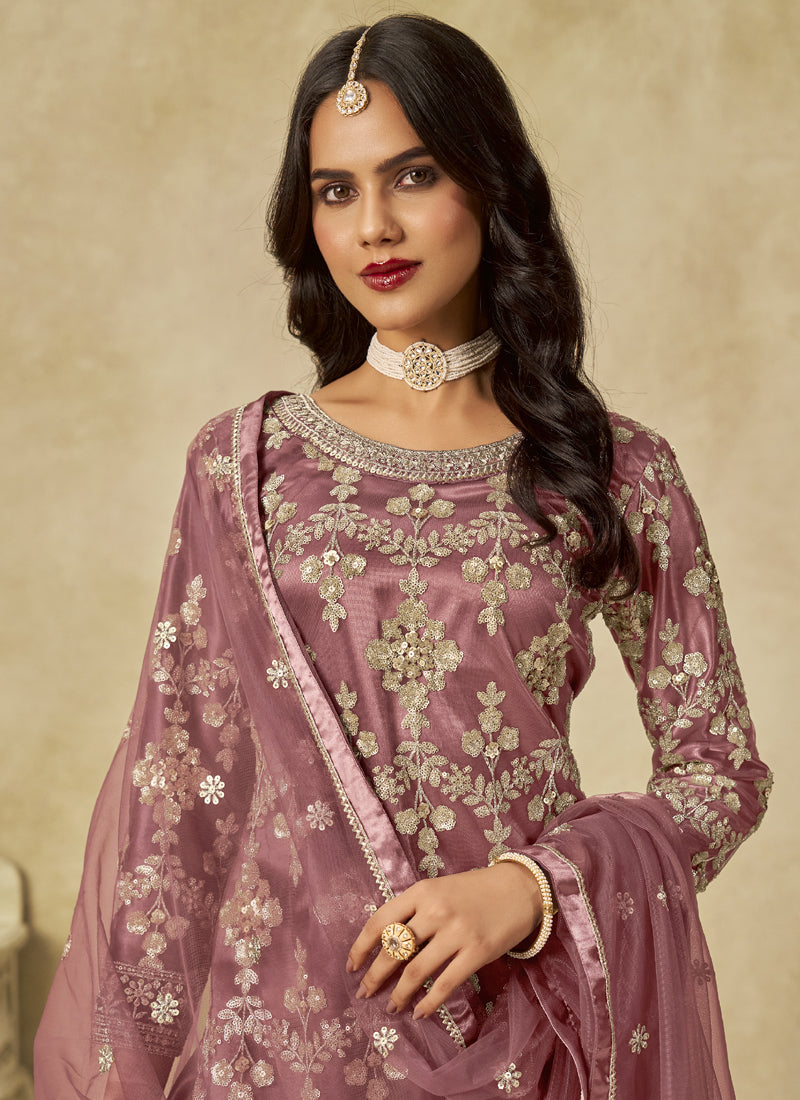 Onion Pink Net Embroidered Designer Palazzo Suit