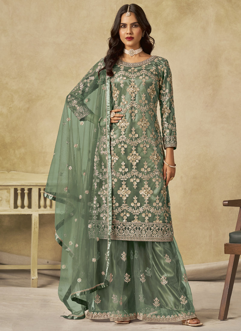 Light Green Net Embroidered Designer Palazzo Suit