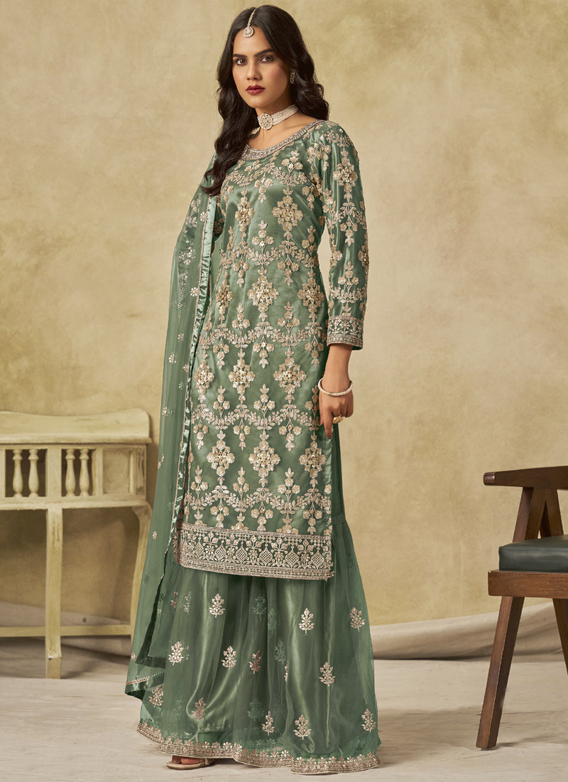 Light Green Net Embroidered Designer Palazzo Suit
