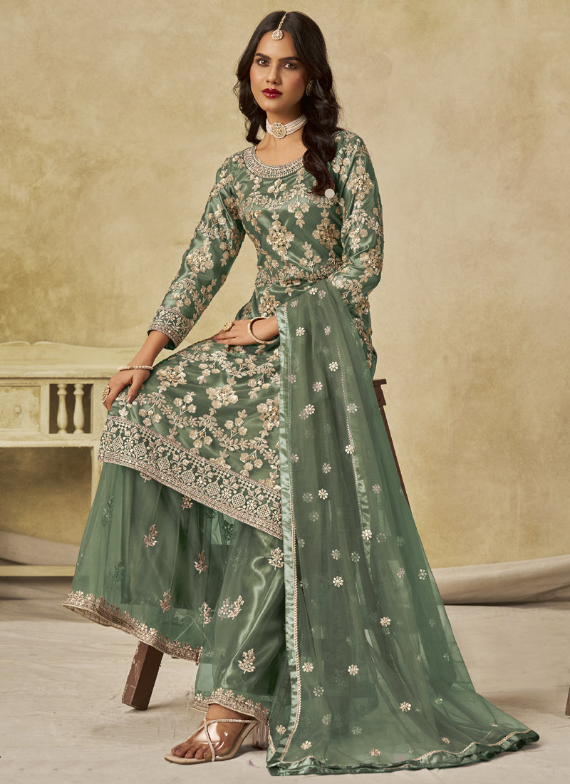 Light Green Net Embroidered Designer Palazzo Suit