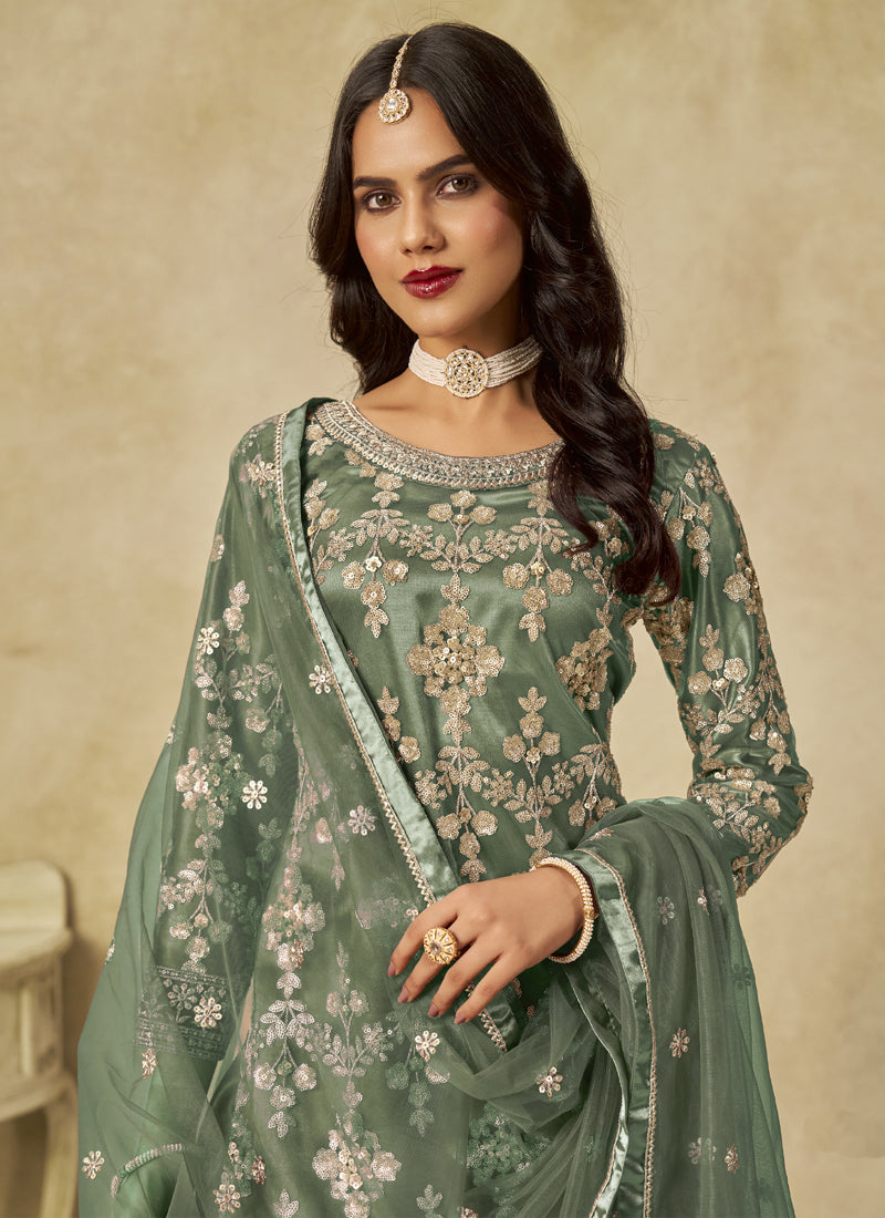 Light Green Net Embroidered Designer Palazzo Suit