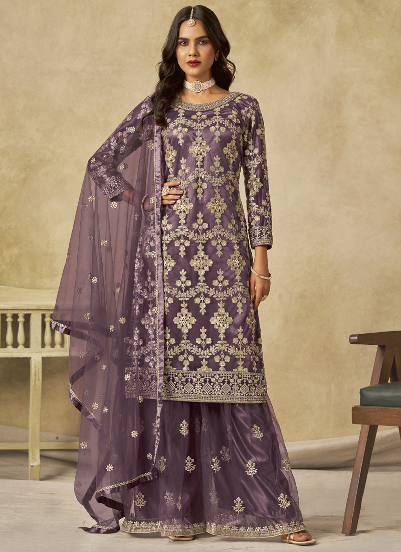 Lavender Net Embroidered Designer Palazzo Suit