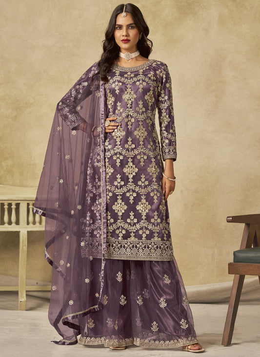 Lavender Net Embroidered Designer Palazzo Suit