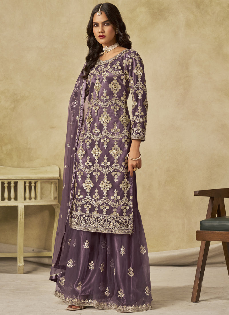Lavender Net Embroidered Designer Palazzo Suit