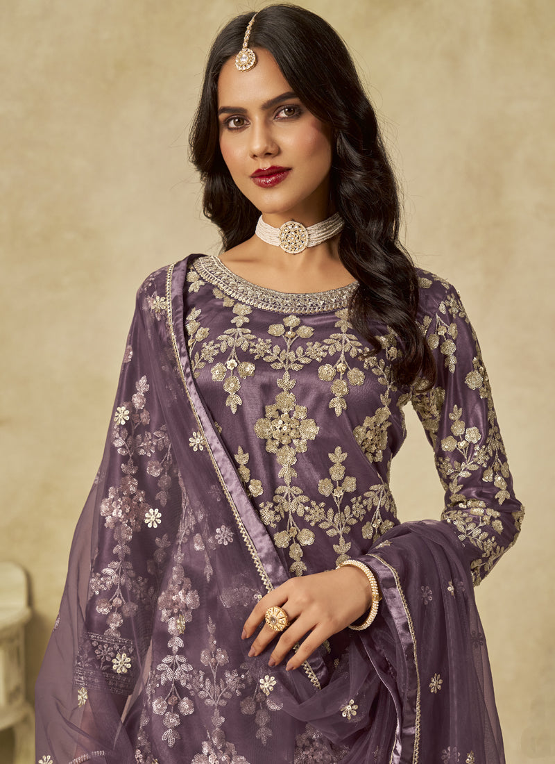 Lavender Net Embroidered Designer Palazzo Suit