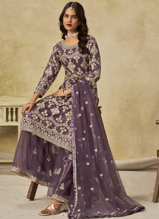Lavender Net Embroidered Designer Palazzo Suit