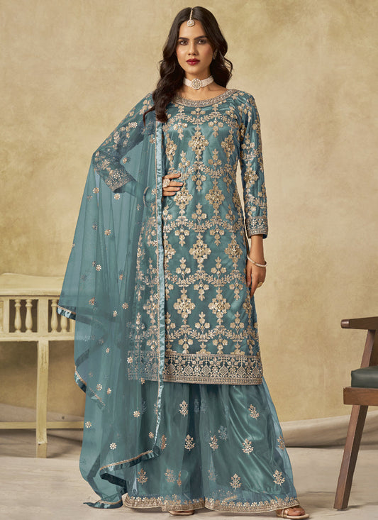 Sky Blue Net Embroidered Designer Palazzo Suit