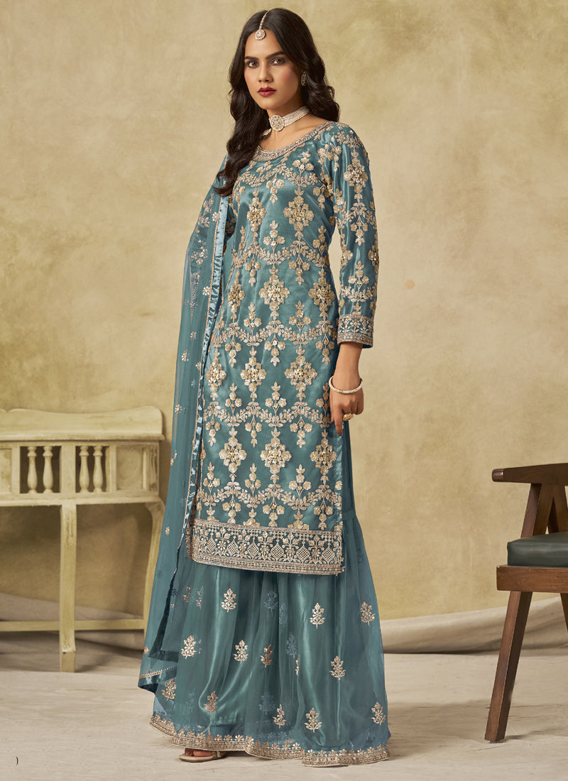 Sky Blue Net Embroidered Designer Palazzo Suit