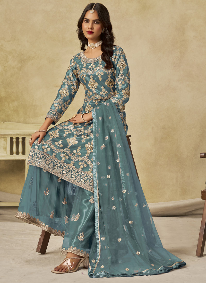 Sky Blue Net Embroidered Designer Palazzo Suit