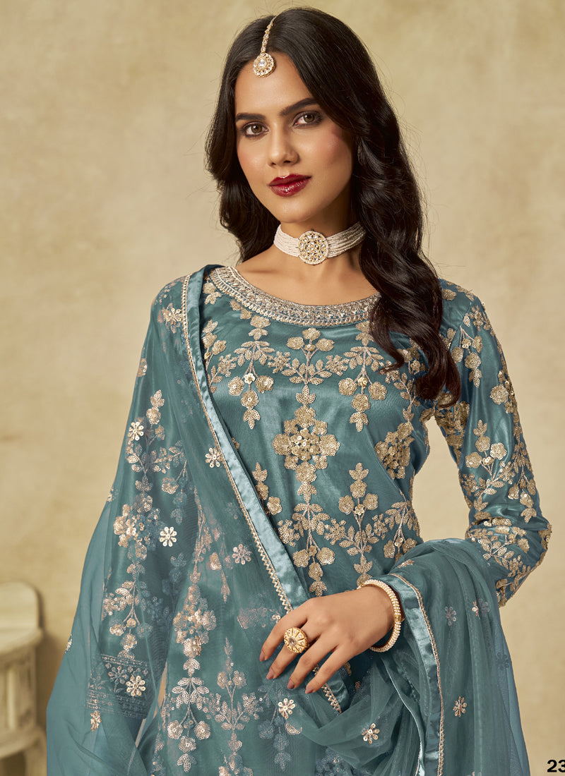 Sky Blue Net Embroidered Designer Palazzo Suit