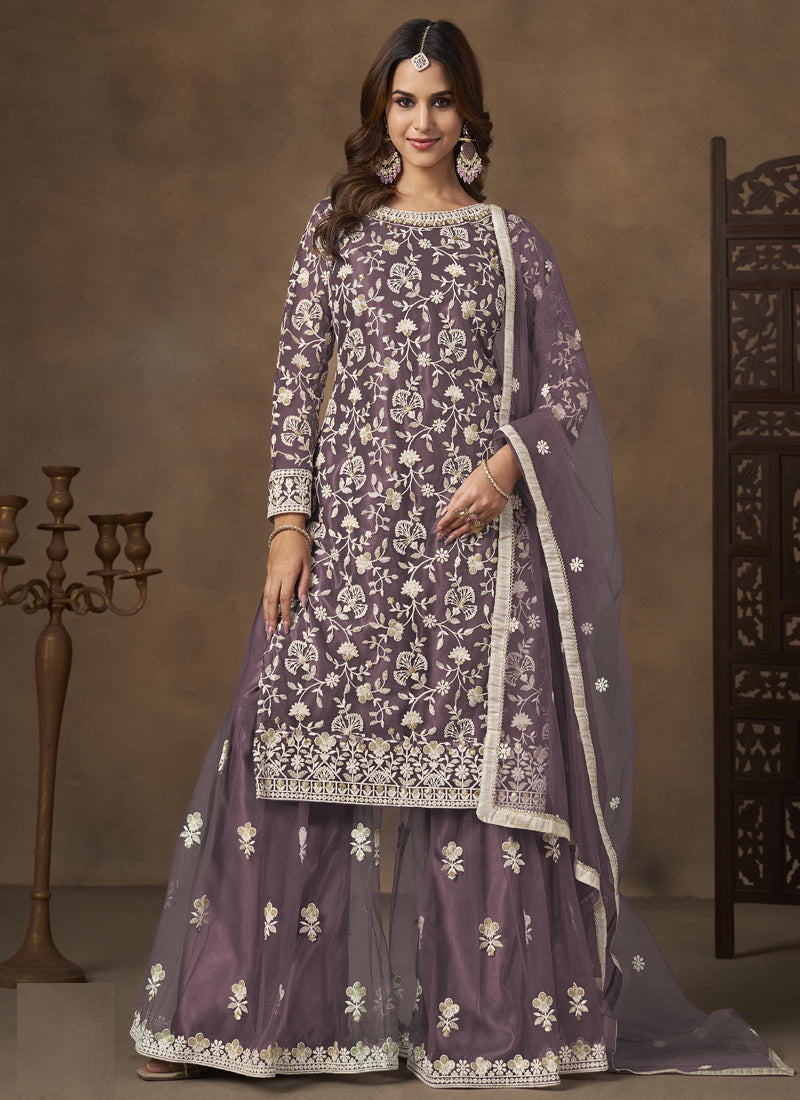 Lavender Net Embroidered Designer Palazzo Suit