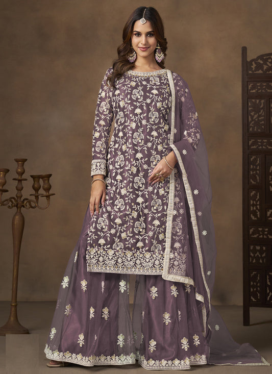 Lavender Net Embroidered Designer Palazzo Suit