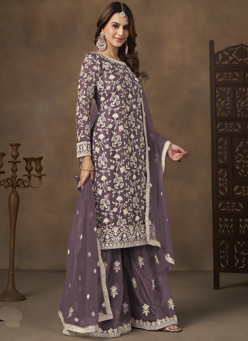 Lavender Net Embroidered Designer Palazzo Suit