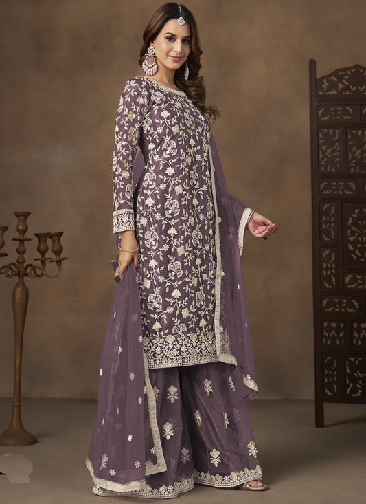 Lavender Net Embroidered Designer Palazzo Suit