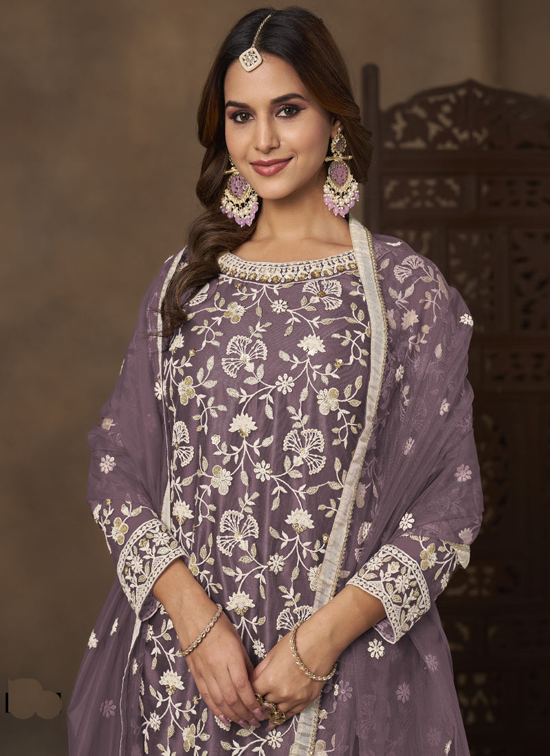 Lavender Net Embroidered Designer Palazzo Suit