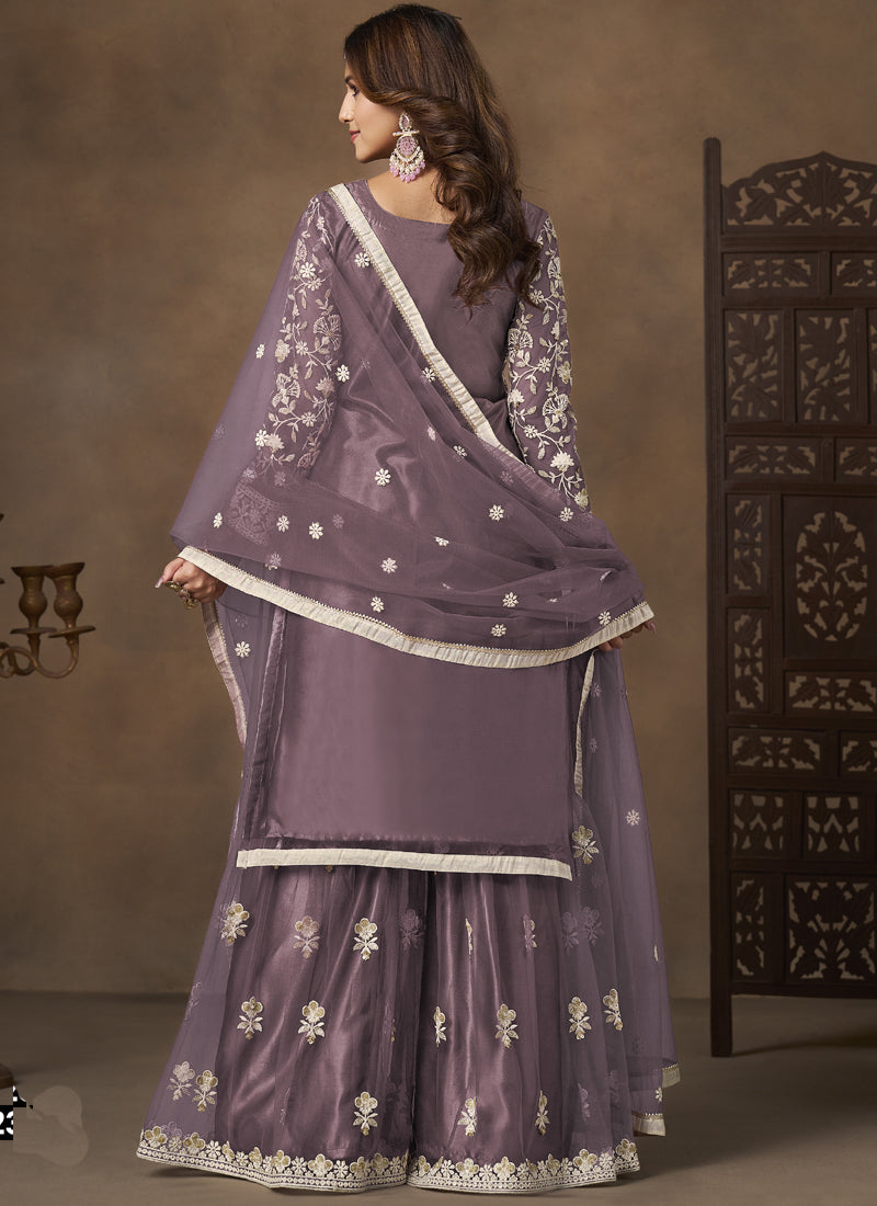 Lavender Net Embroidered Designer Palazzo Suit