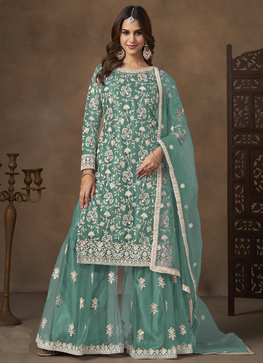 Sea Green Net Embroidered Designer Palazzo Suit