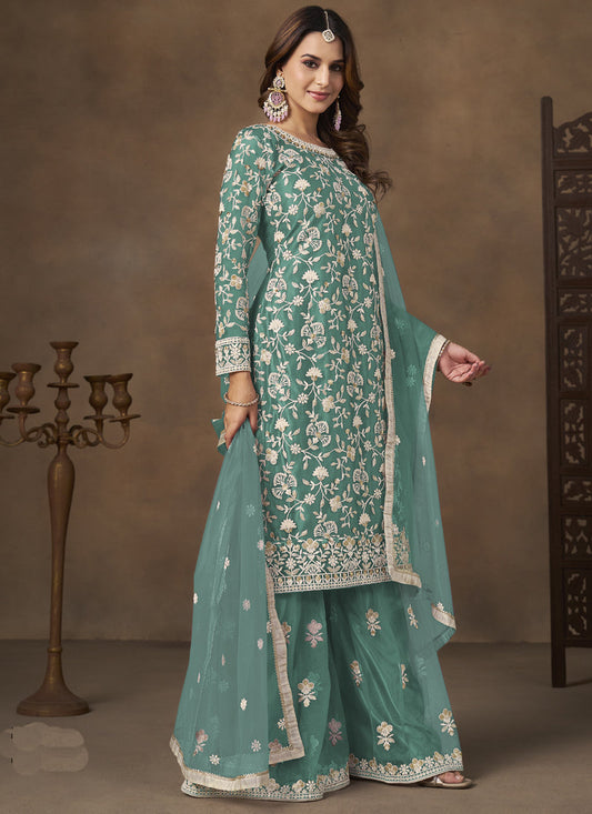 Sea Green Net Embroidered Designer Palazzo Suit