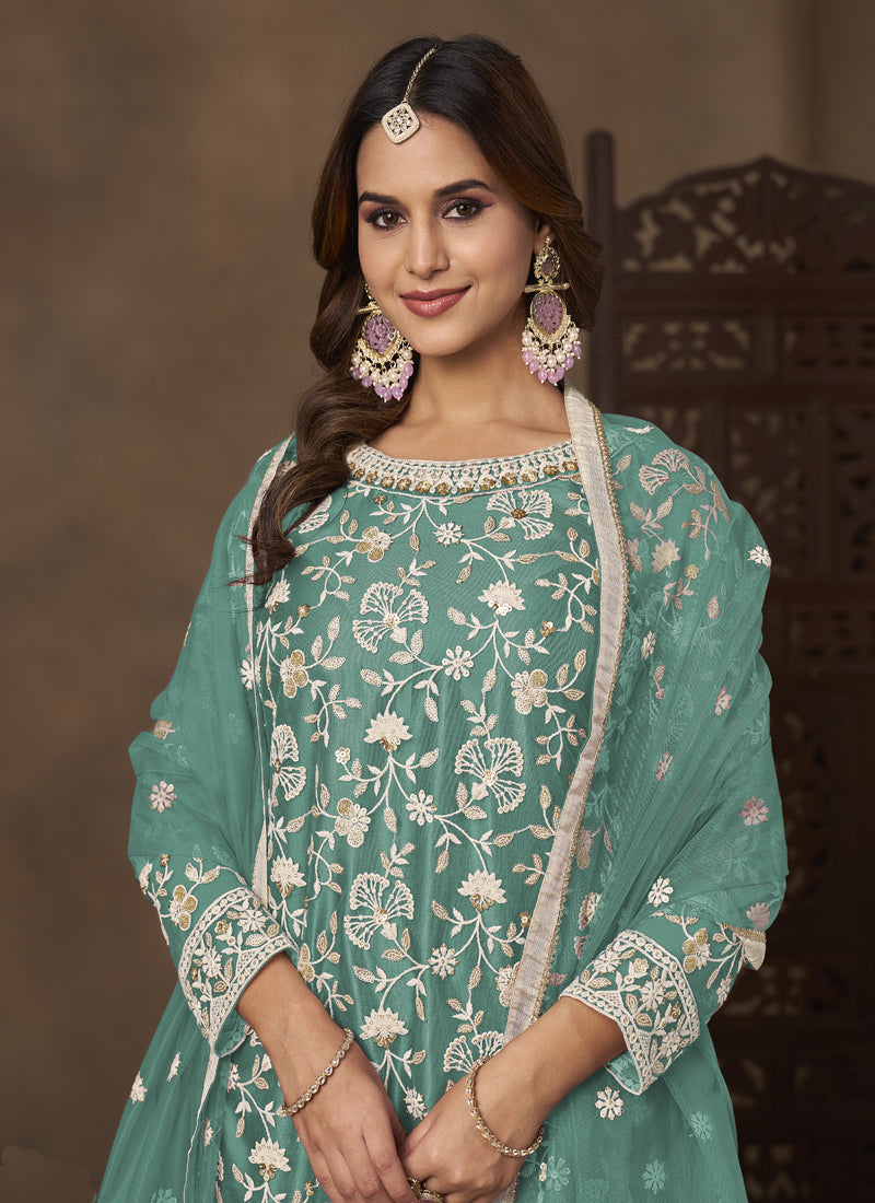 Sea Green Net Embroidered Designer Palazzo Suit