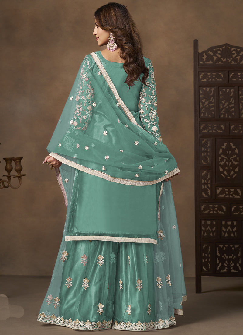 Sea Green Net Embroidered Designer Palazzo Suit