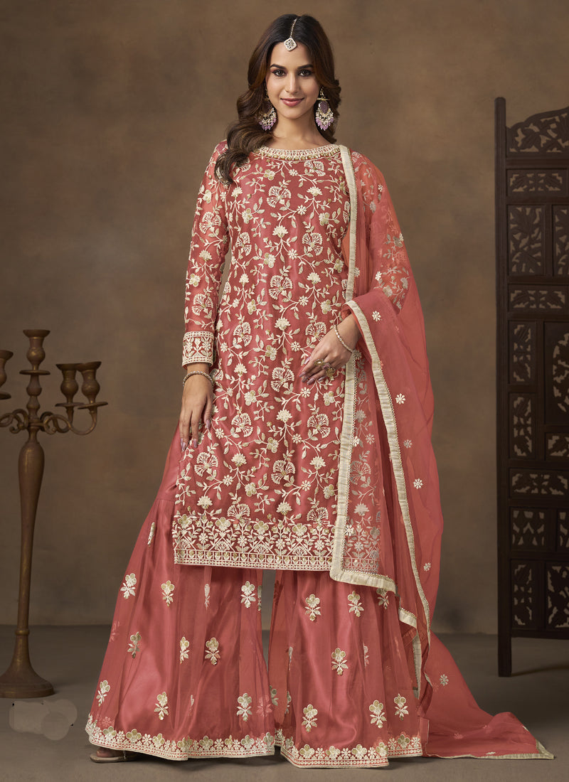 Dark Peach Net Embroidered Designer Palazzo Suit