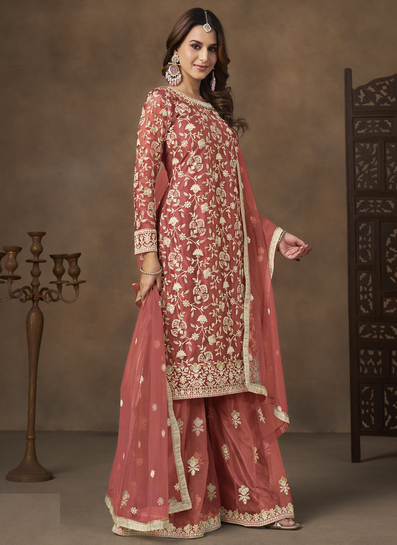 Dark Peach Net Embroidered Designer Palazzo Suit