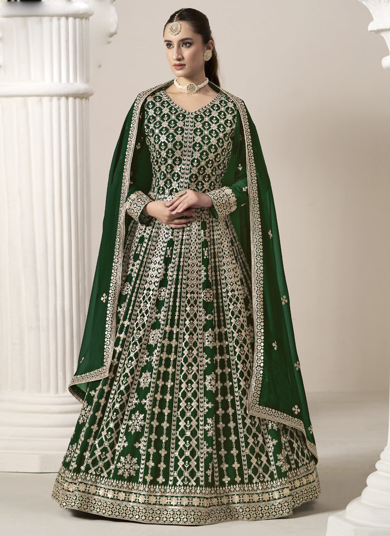 Green Faux Georgette Embroidered Anarkali Suit
