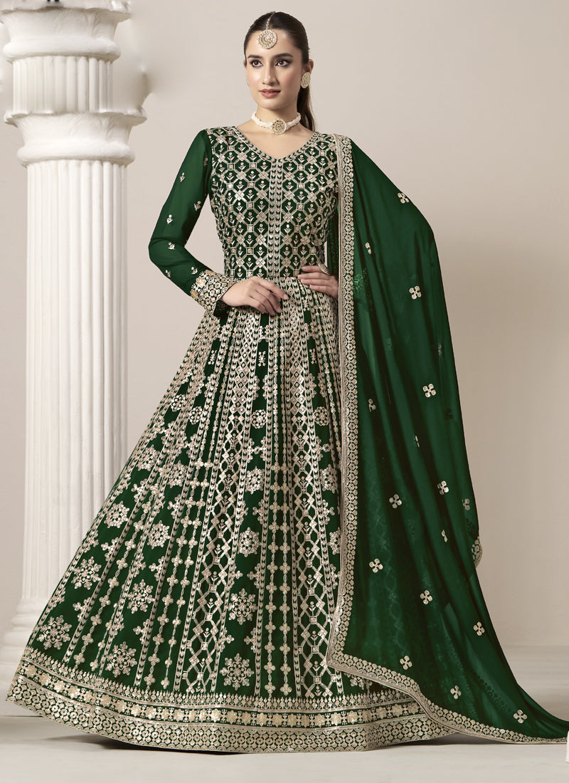Green Faux Georgette Embroidered Anarkali Suit