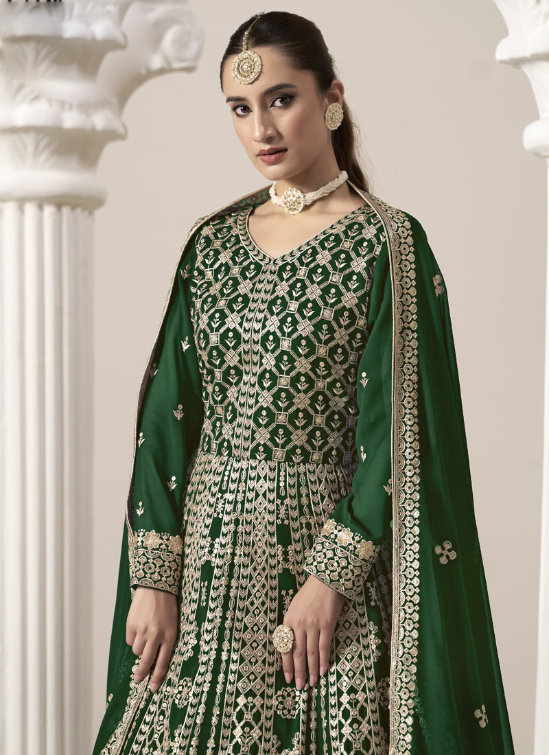 Green Faux Georgette Embroidered Anarkali Suit