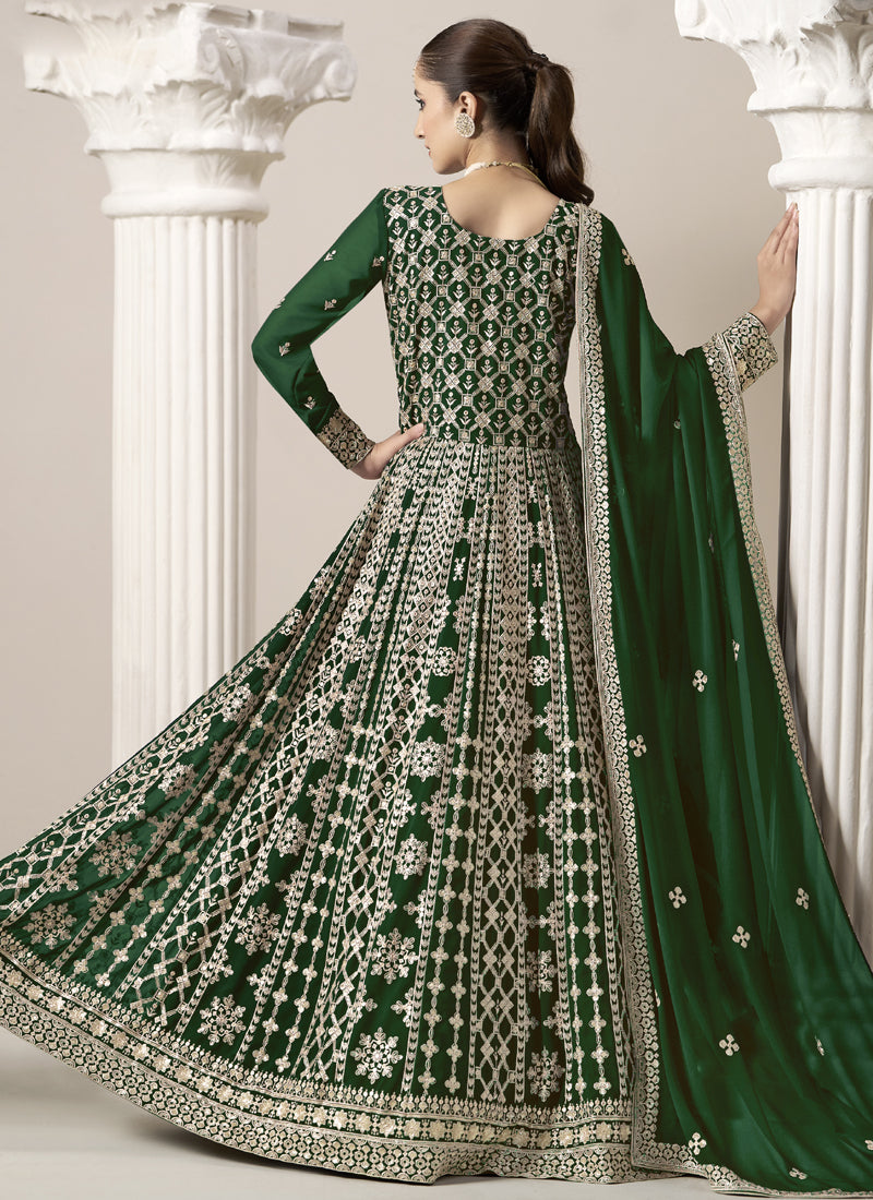 Green Faux Georgette Embroidered Anarkali Suit