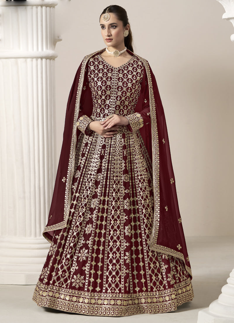 Maroon Faux Georgette Embroidered Anarkali Suit