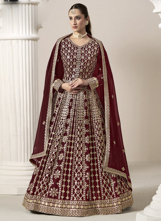 Maroon Faux Georgette Embroidered Anarkali Suit
