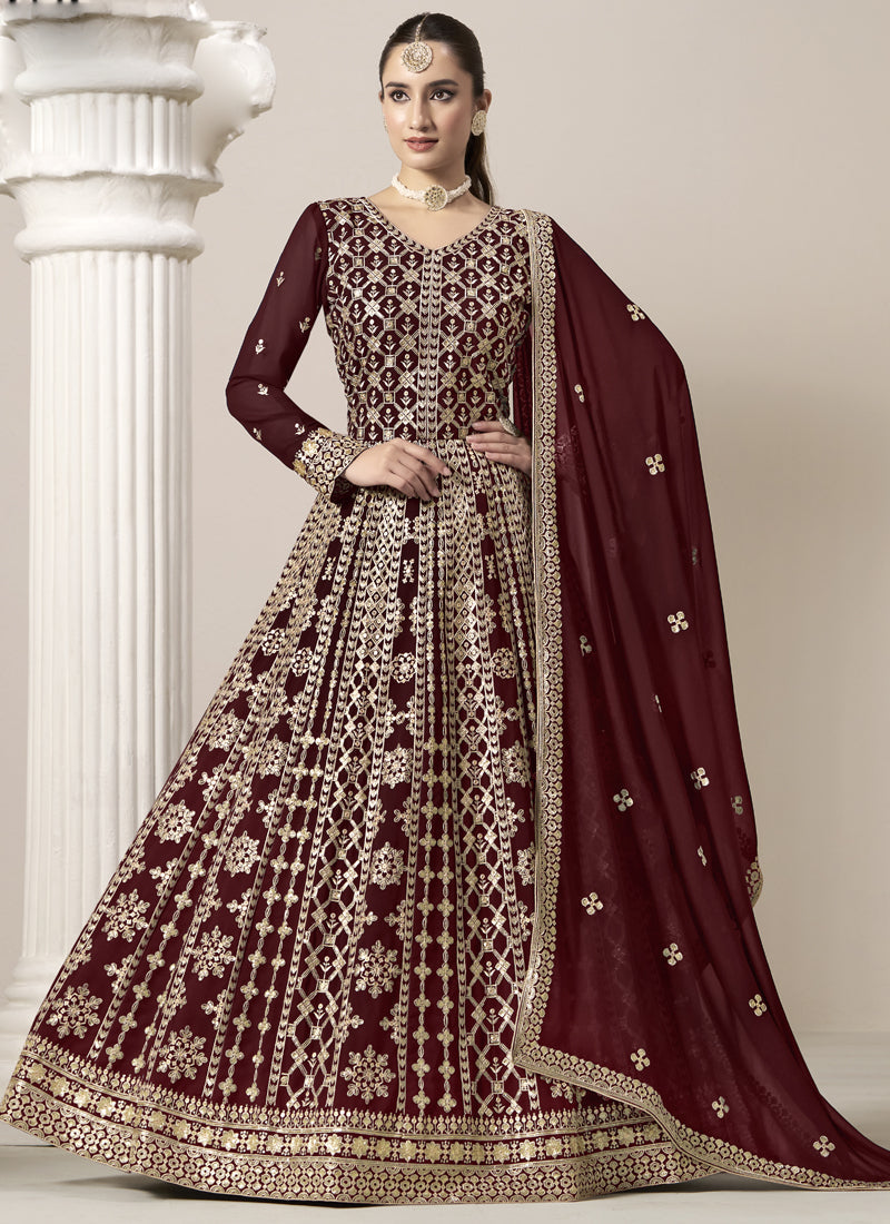 Maroon Faux Georgette Embroidered Anarkali Suit