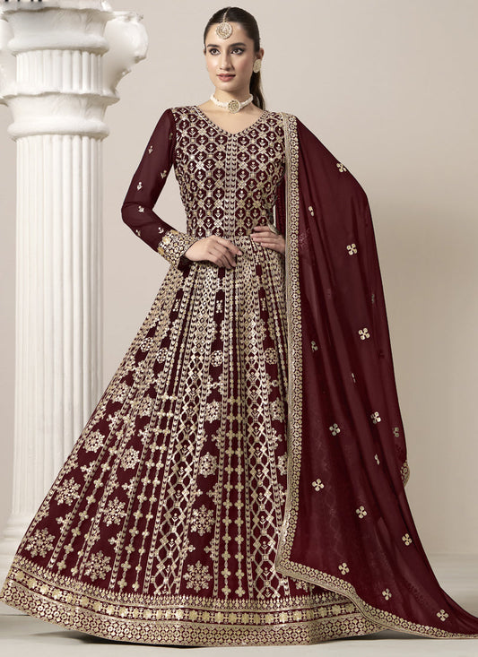 Maroon Faux Georgette Embroidered Anarkali Suit