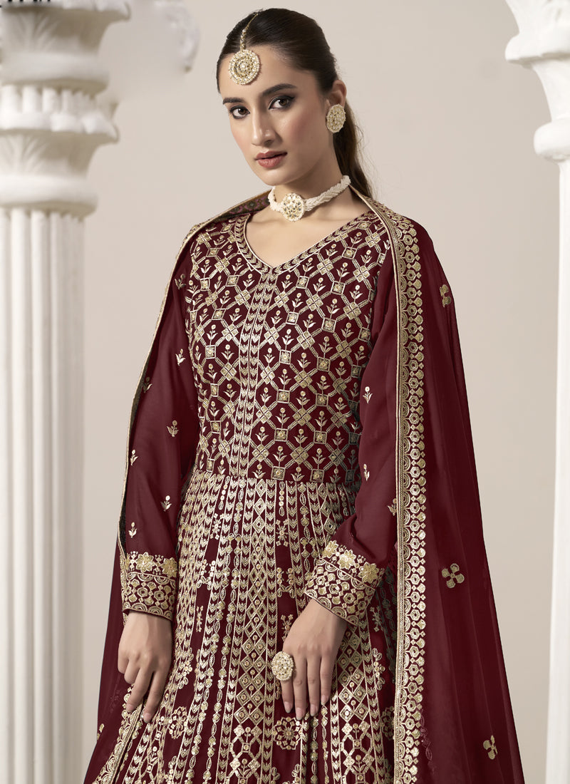 Maroon Faux Georgette Embroidered Anarkali Suit