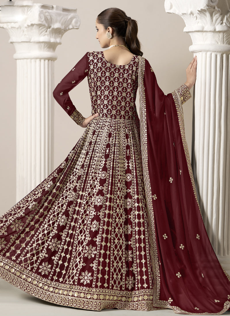 Maroon Faux Georgette Embroidered Anarkali Suit