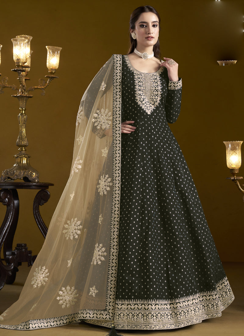 Black Chanderi Butti Embroidered Anarkali Suit
