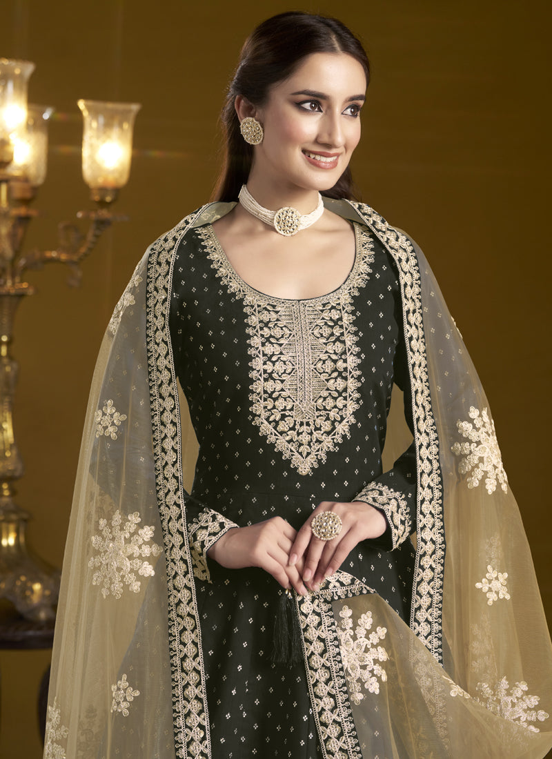Black Chanderi Butti Embroidered Anarkali Suit