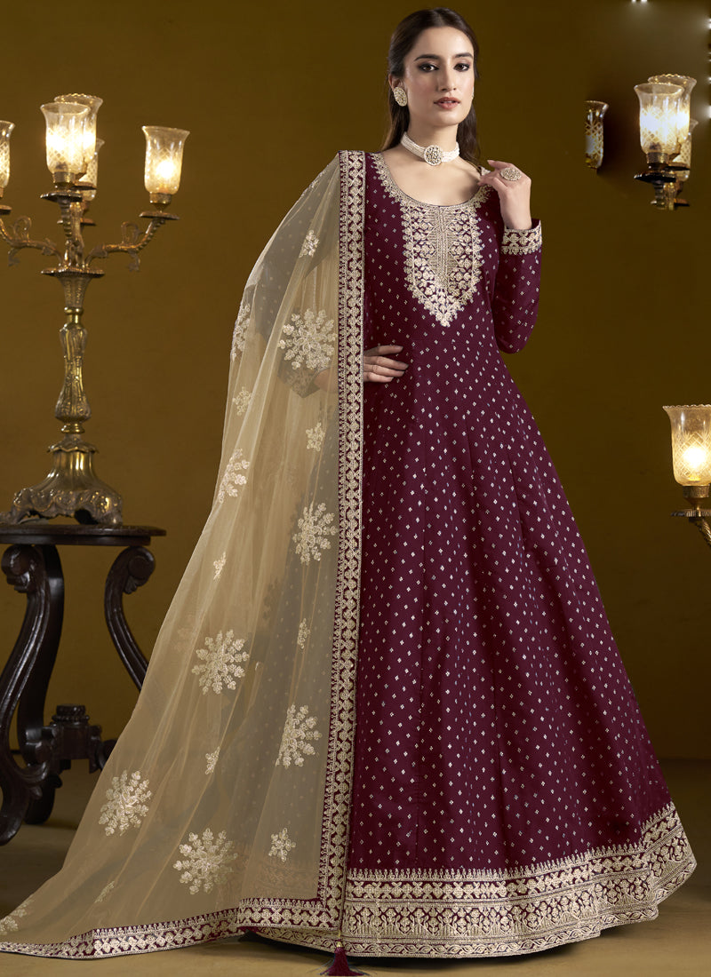 Wine Chanderi Butti Embroidered Anarkali Suit