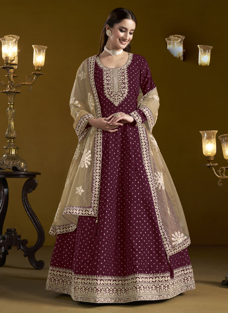 Wine Chanderi Butti Embroidered Anarkali Suit
