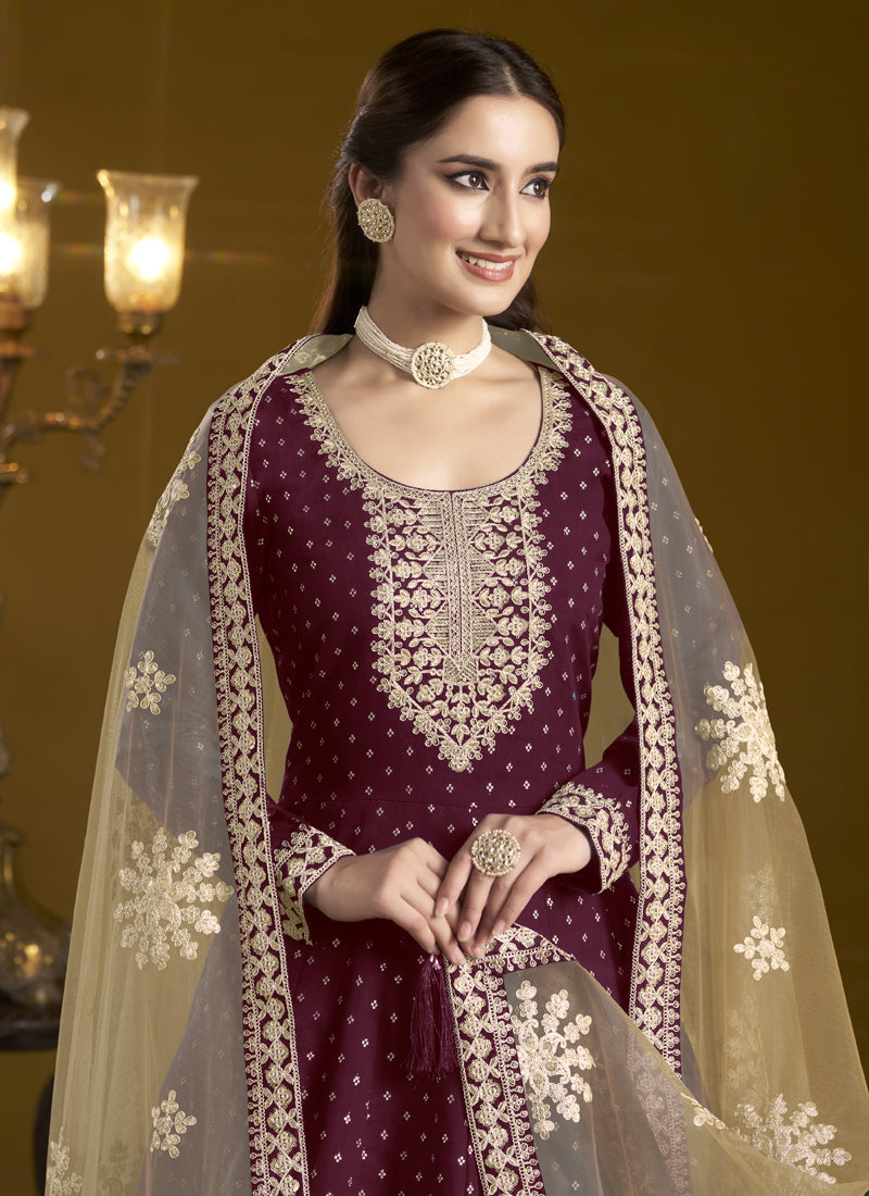 Wine Chanderi Butti Embroidered Anarkali Suit