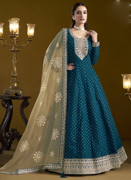Royal Blue Chanderi Butti Embroidered Anarkali Suit
