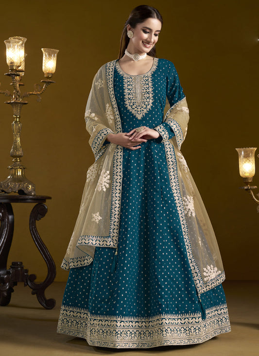 Royal Blue Chanderi Butti Embroidered Anarkali Suit