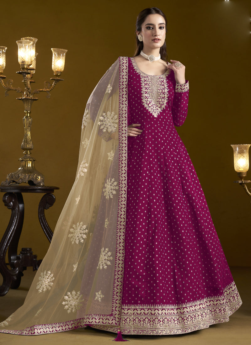 Rani Pink Chanderi Butti Embroidered Anarkali Suit