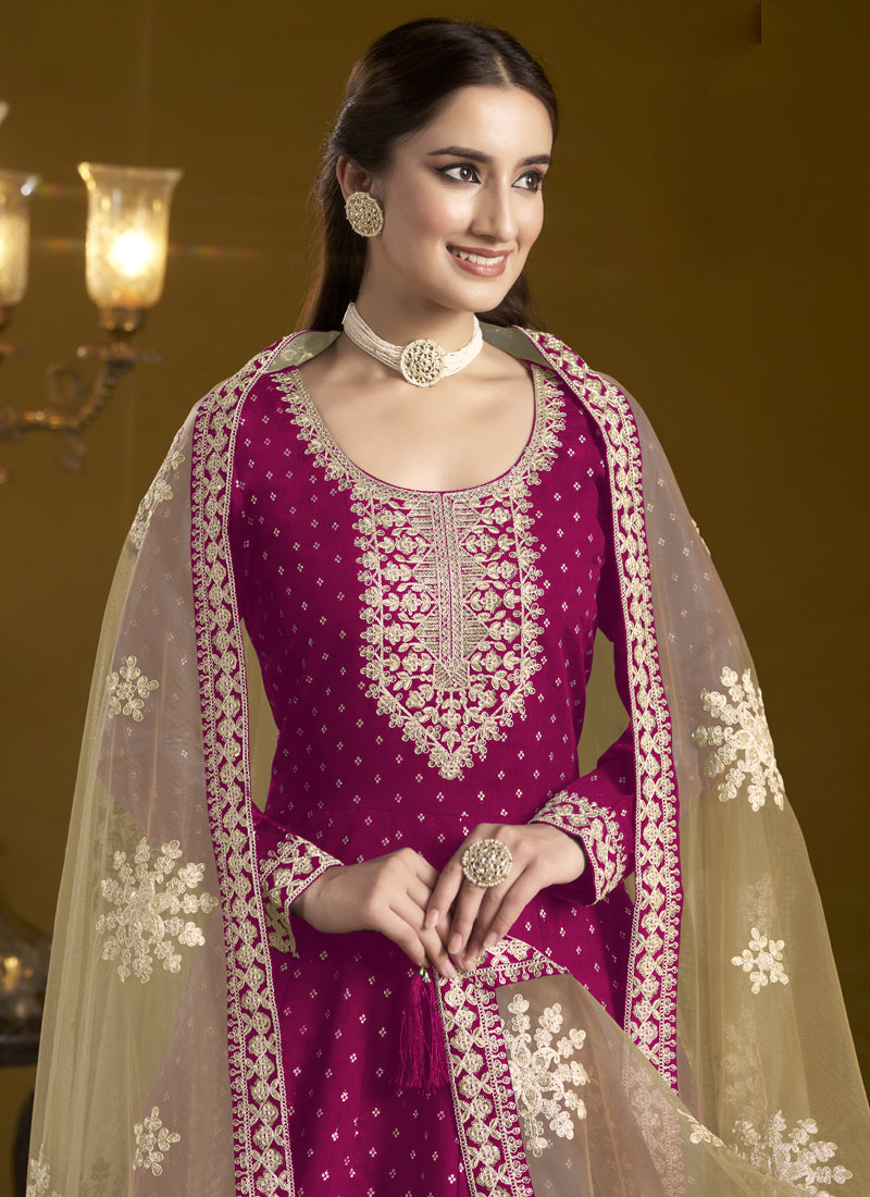 Rani Pink Chanderi Butti Embroidered Anarkali Suit