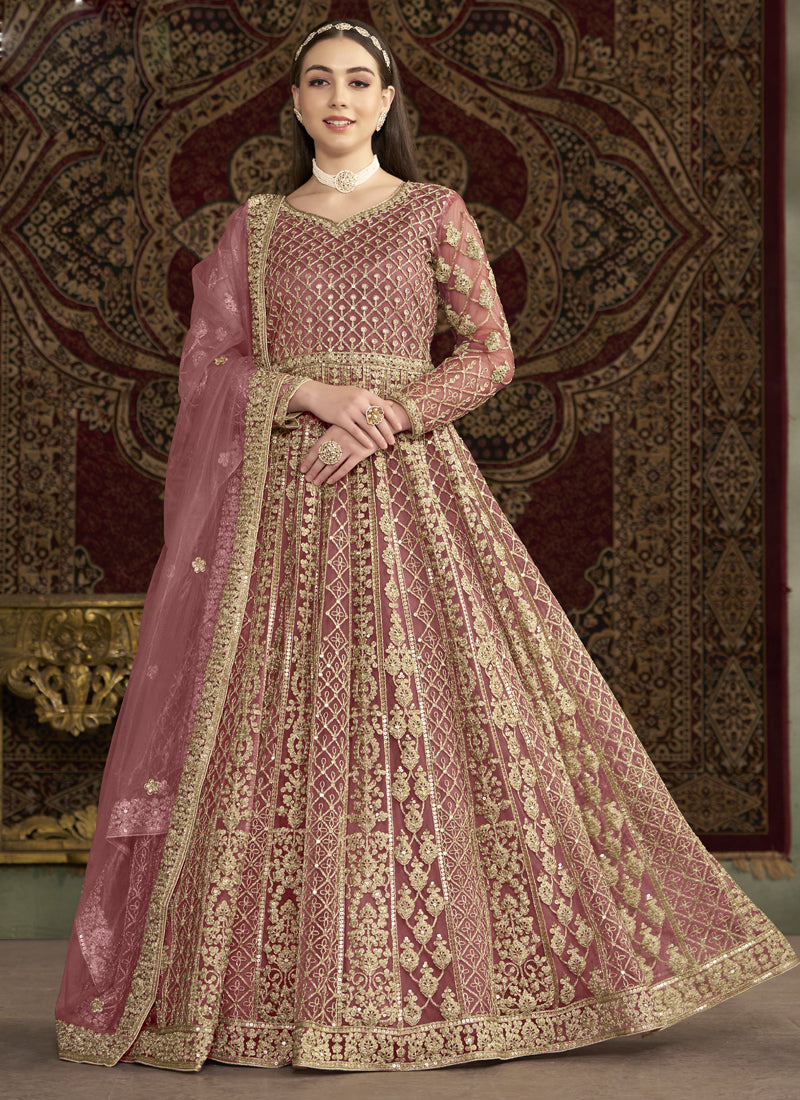 Light Pink Net Embroidered Anarkali Suit