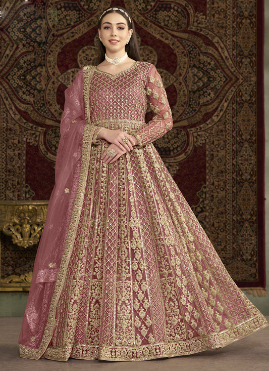 Light Pink Net Embroidered Anarkali Suit